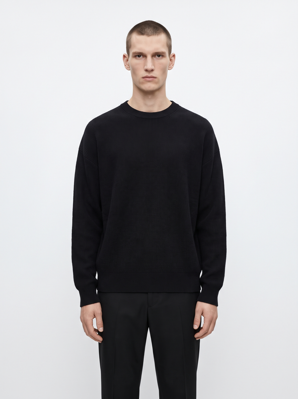 Ribbed Crewneck Sweater in Merino Wool Blend with Relaxed Fit for Men and Women - Black