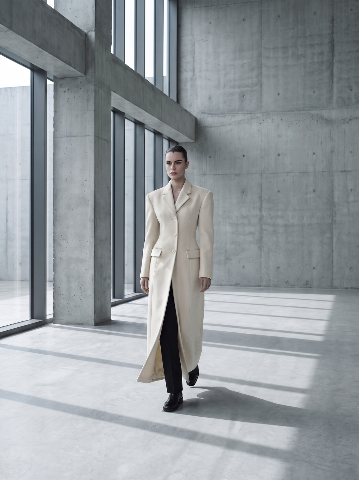 Women's Long Wool Blend Overcoat with Notch Lapels and Single-Breasted Button Front - Off-White 2