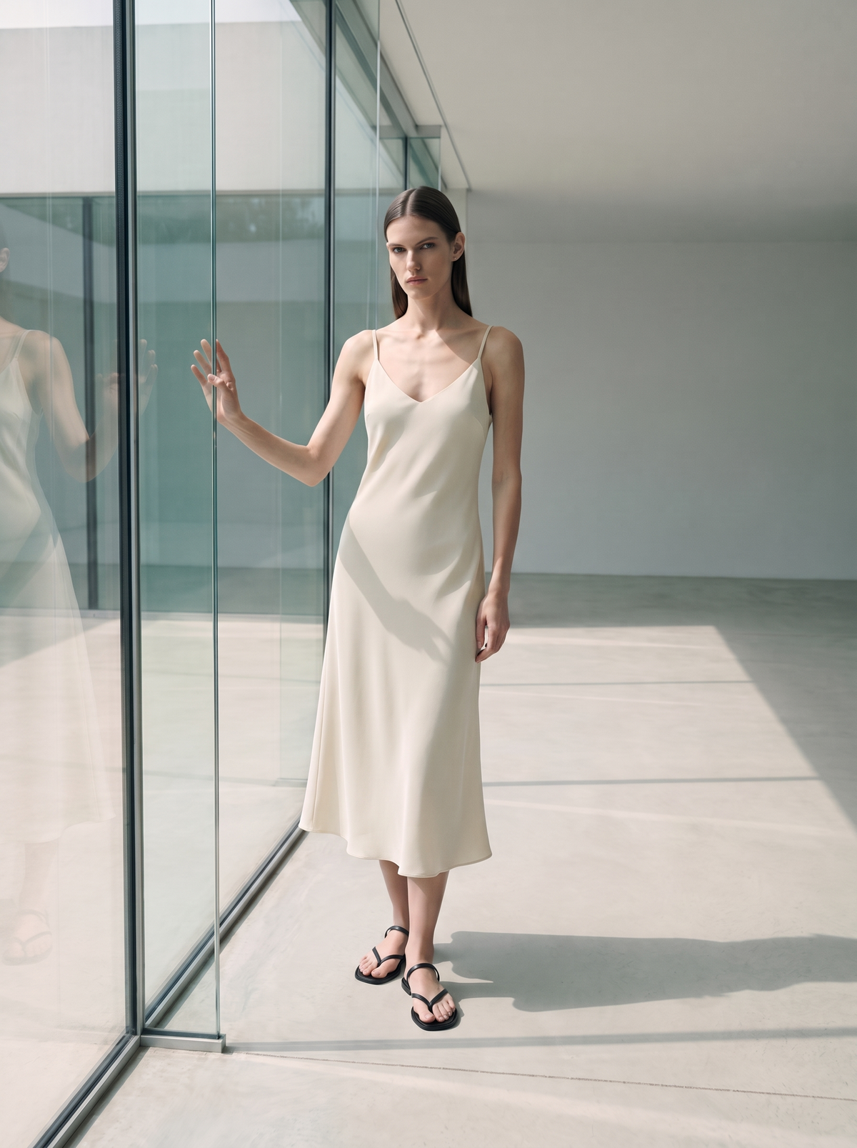 Women's Midi Slip Dress in Fluid Crepe with Adjustable Straps and Bias-Cut Skirt - Ivory 2
