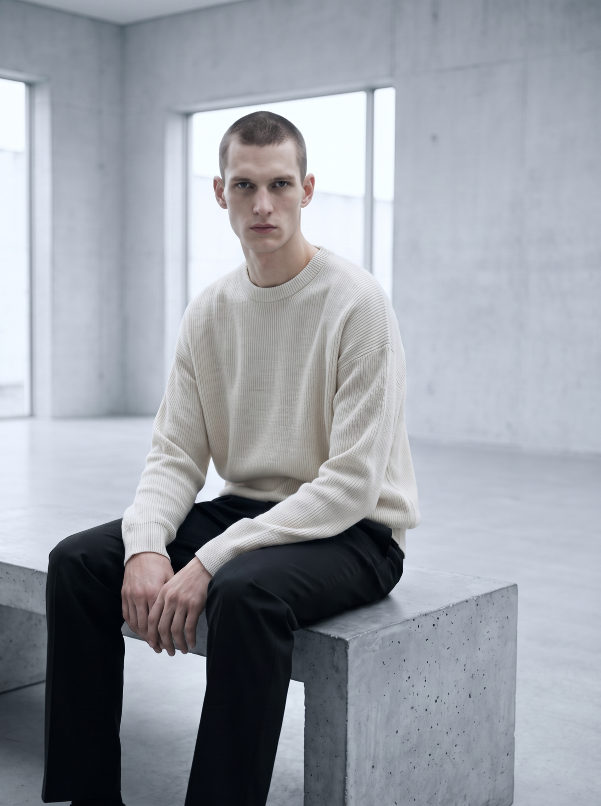 Ribbed Crewneck Sweater in Merino Wool Blend with Relaxed Fit for Men and Women - Ecru 2