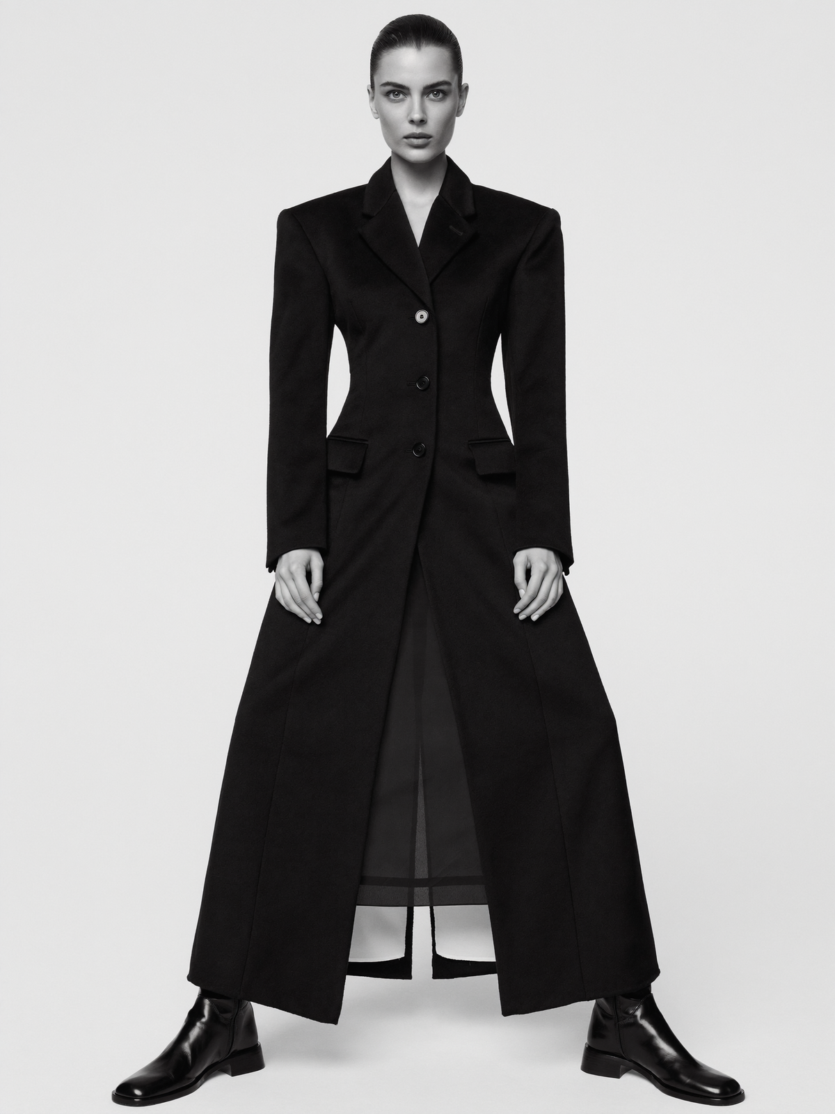 Women's Long Wool Blend Overcoat with Notch Lapels and Single-Breasted Button Front - Black
