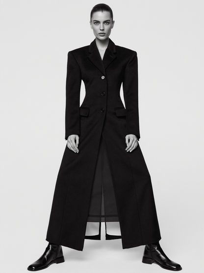 Women's Long Wool Blend Overcoat with Notch Lapels and Single-Breasted Button Front - Black