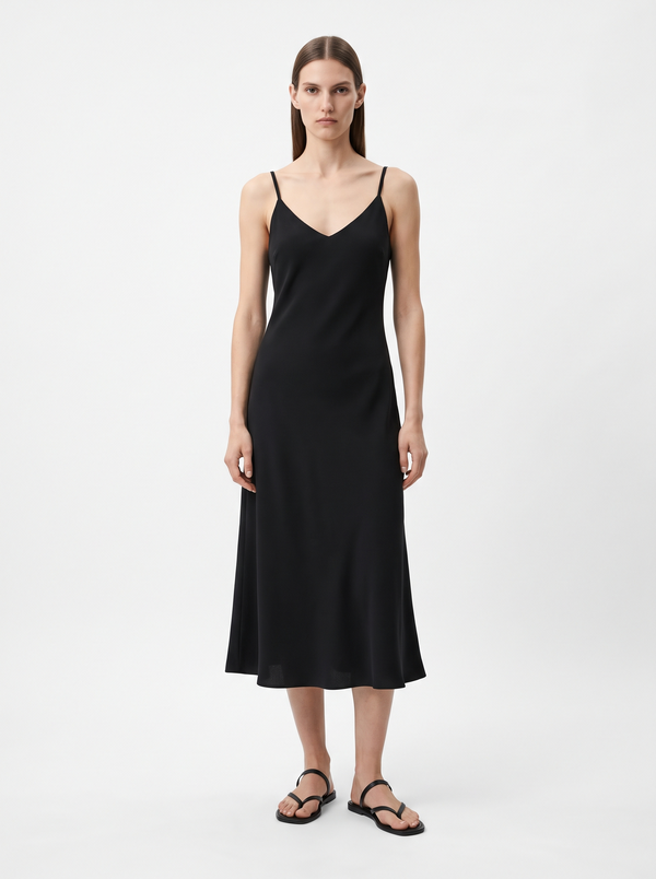 Women's Midi Slip Dress in Fluid Crepe with Adjustable Straps and Bias-Cut Skirt - Black