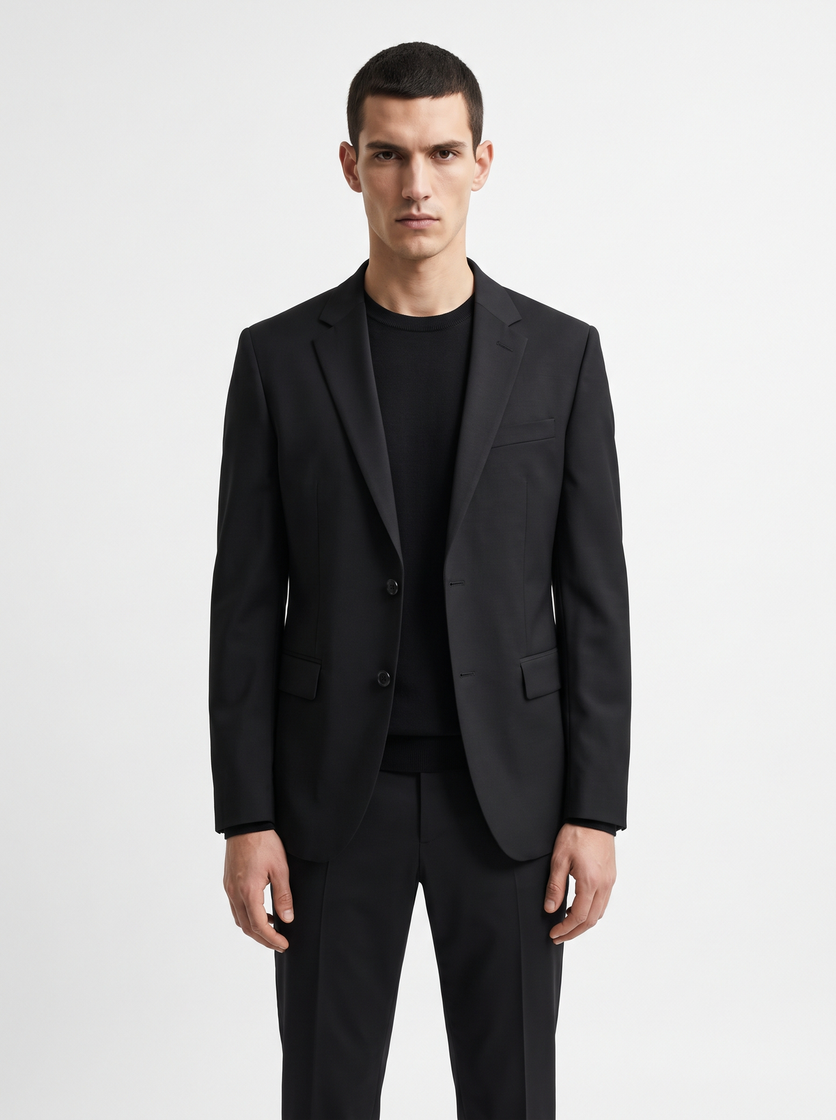 Men's Single-Breasted Tailored Blazer with Notch Lapels and Two-Button Closure - Black