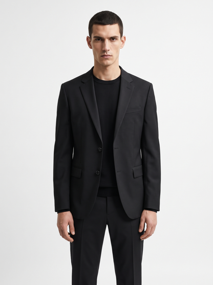 Men's Single-Breasted Tailored Blazer with Notch Lapels and Two-Button Closure - Black
