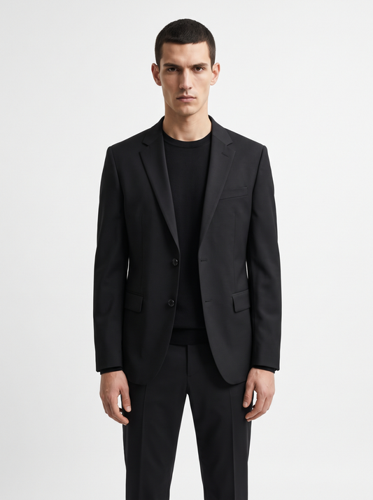 Men's Single-Breasted Tailored Blazer with Notch Lapels and Two-Button Closure - Black