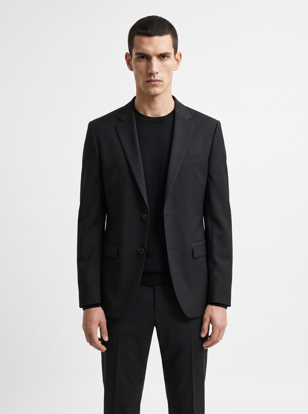 Men's Single-Breasted Tailored Blazer with Notch Lapels and Two-Button Closure - Black
