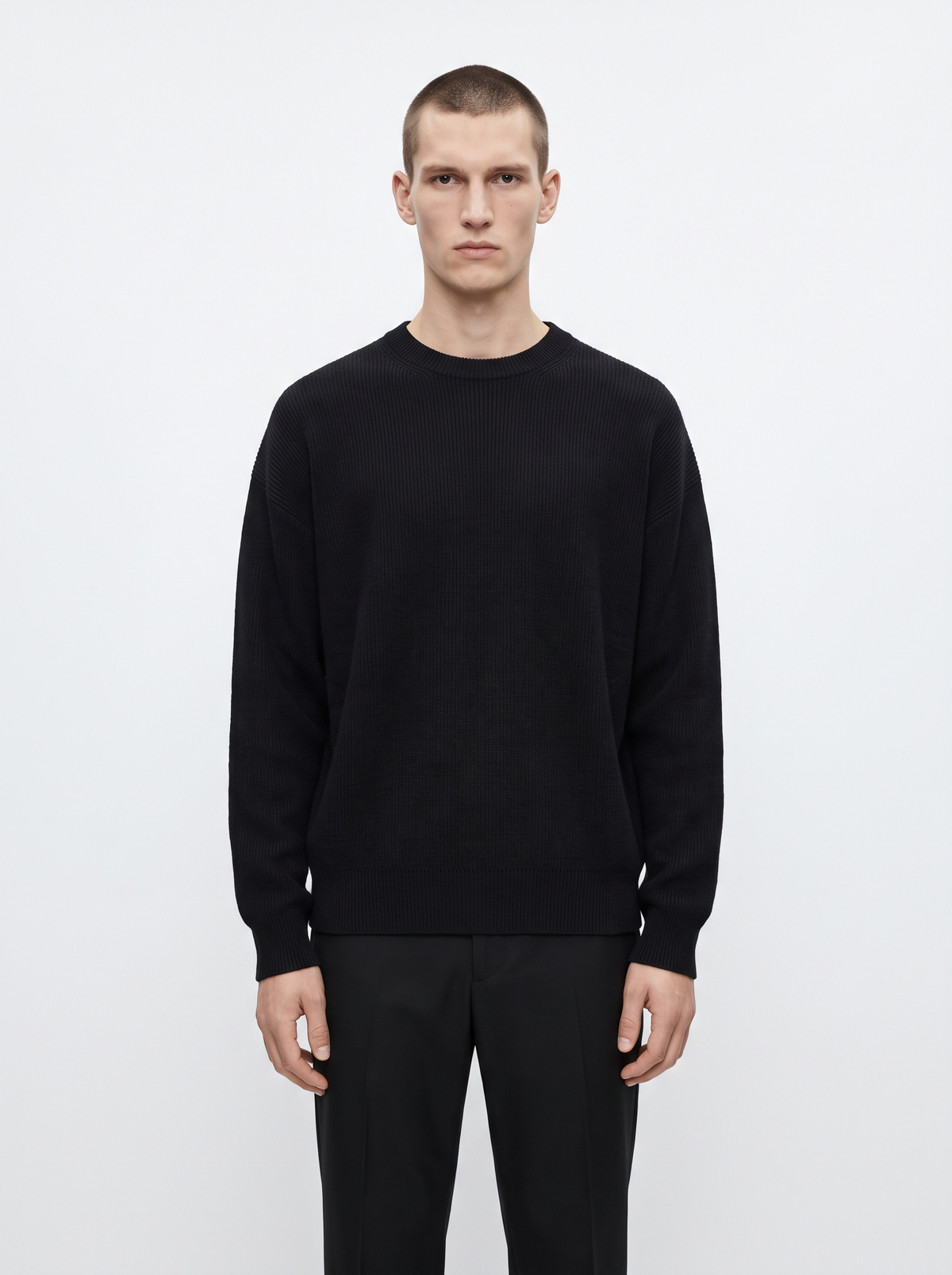 Ribbed Crewneck Sweater in Merino Wool Blend with Relaxed Fit for Men and Women - Black