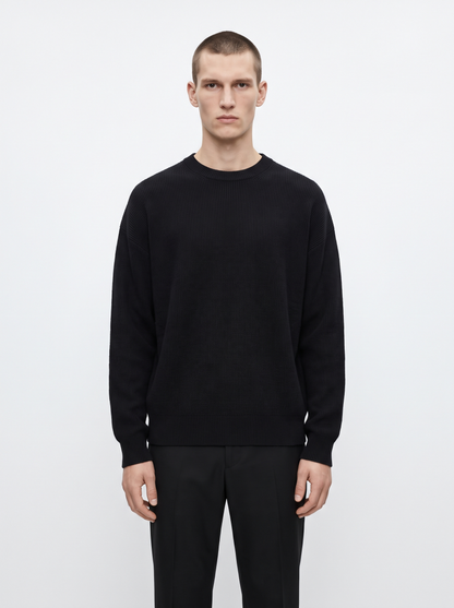 Ribbed Crewneck Sweater in Merino Wool Blend with Relaxed Fit for Men and Women - Black