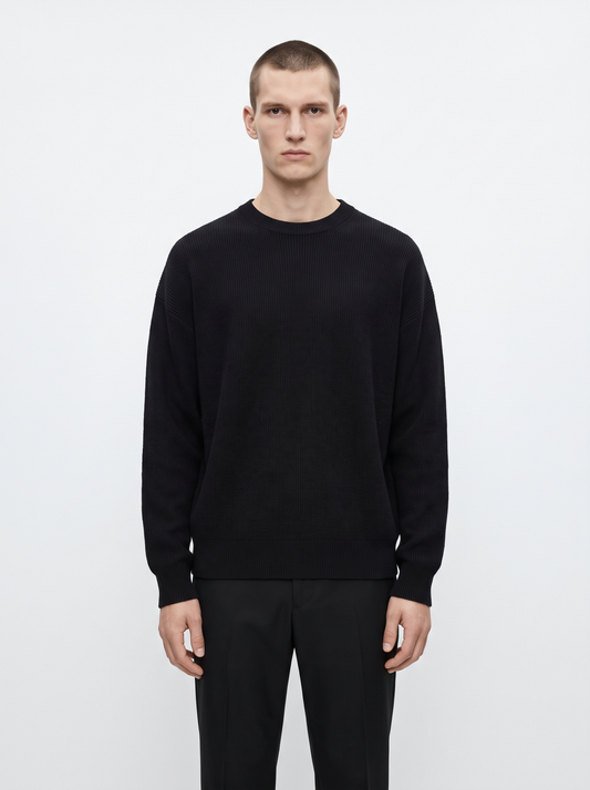Ribbed Crewneck Sweater in Merino Wool Blend with Relaxed Fit for Men and Women - Black