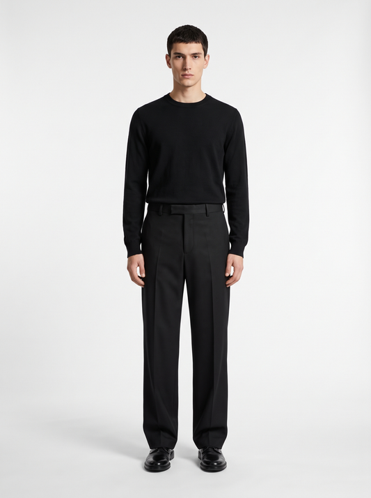 Men's Wide-Leg Pleated Trousers in Wool Blend with Belt Loops and Side Pockets - Black