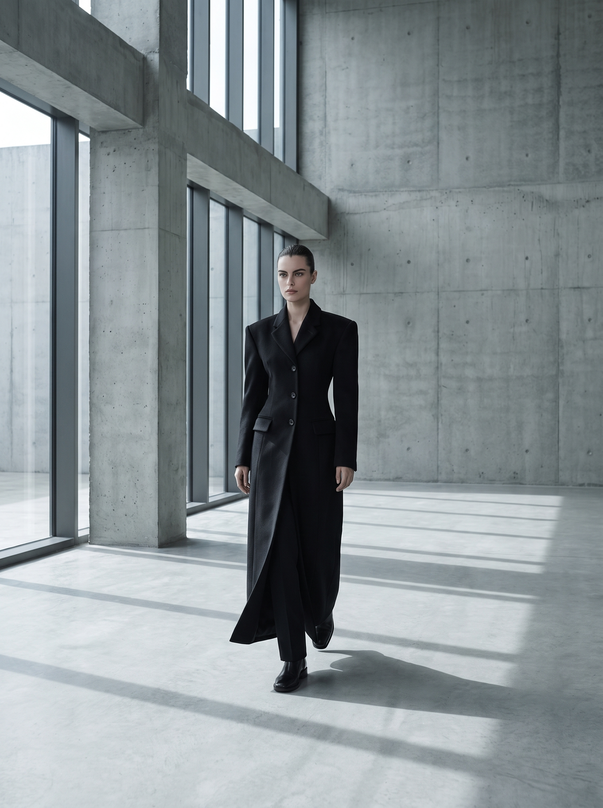 Women's Long Wool Blend Overcoat with Notch Lapels and Single-Breasted Button Front - Black 2