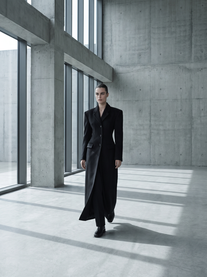 Women's Long Wool Blend Overcoat with Notch Lapels and Single-Breasted Button Front - Black 2