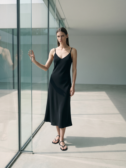Women's Midi Slip Dress in Fluid Crepe with Adjustable Straps and Bias-Cut Skirt - Black 2