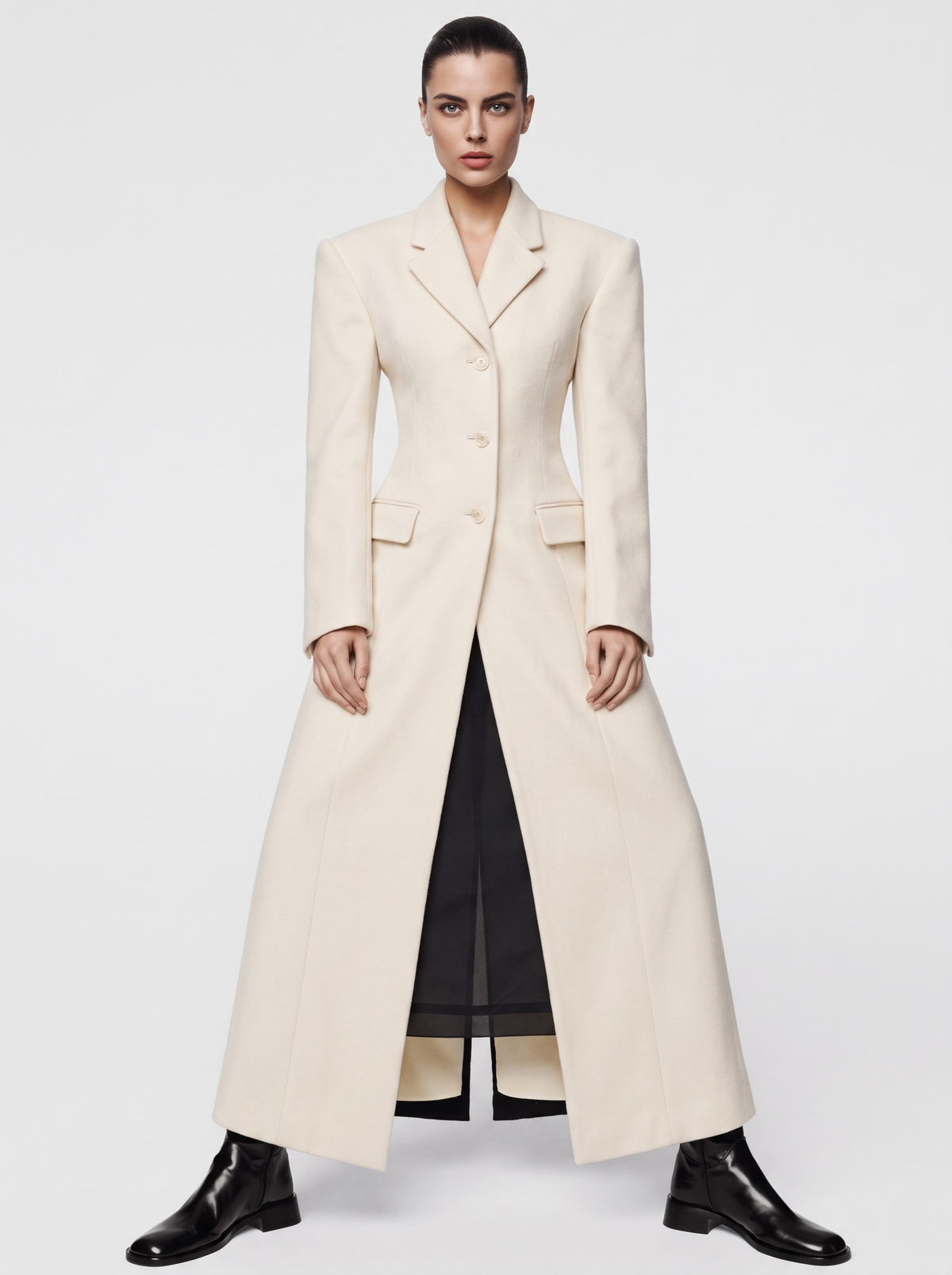 Women's Long Wool Blend Overcoat with Notch Lapels and Single-Breasted Button Front - Off-White
