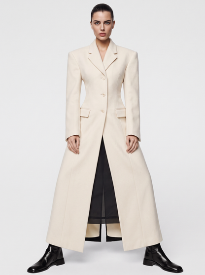 Women's Long Wool Blend Overcoat with Notch Lapels and Single-Breasted Button Front - Off-White