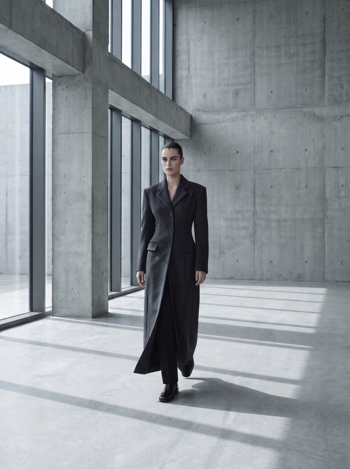 Women's Long Wool Blend Overcoat with Notch Lapels and Single-Breasted Button Front - Charcoal 2