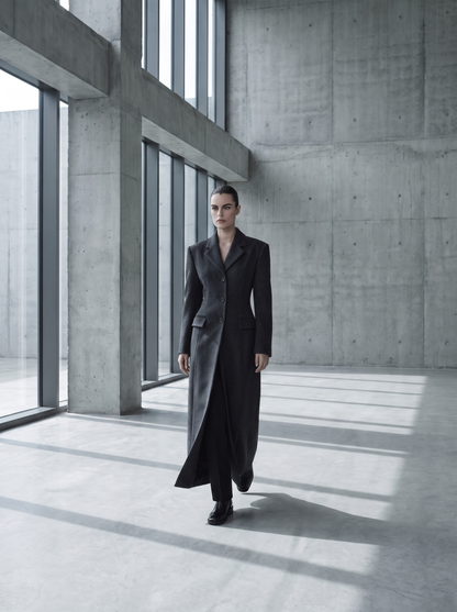 Women's Long Wool Blend Overcoat with Notch Lapels and Single-Breasted Button Front - Charcoal 2