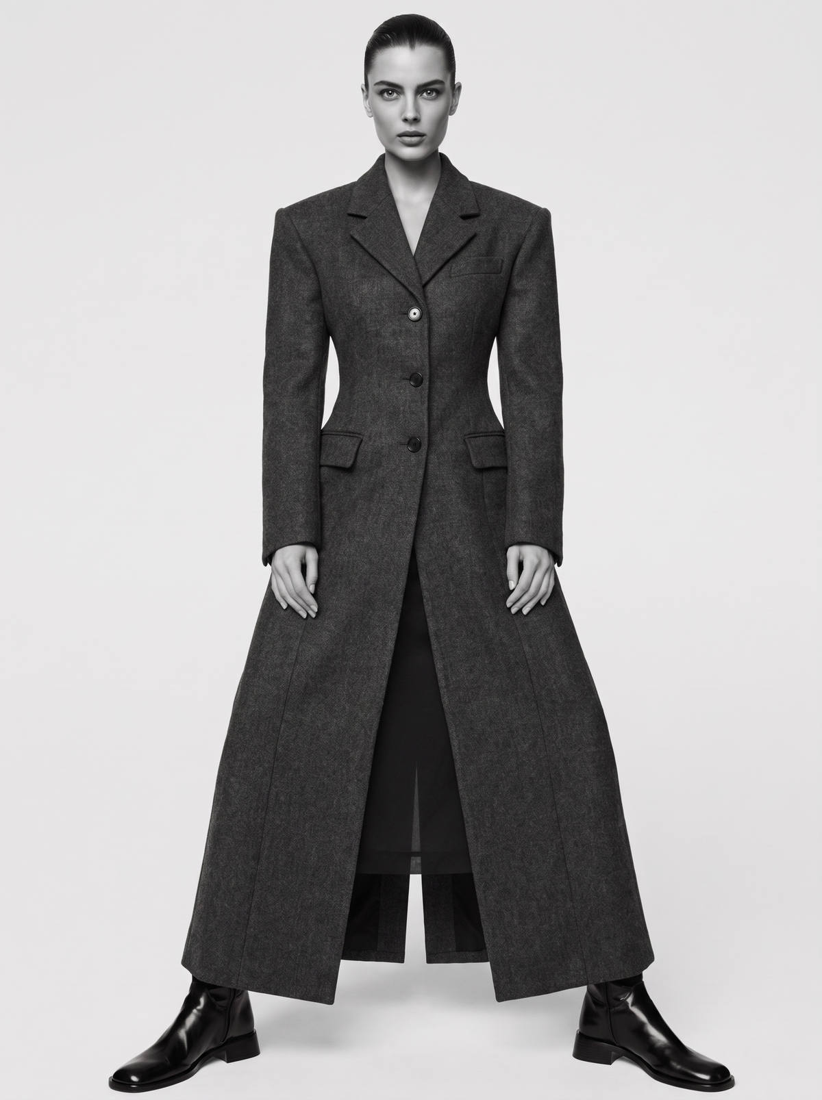 Women's Long Wool Blend Overcoat with Notch Lapels and Single-Breasted Button Front - Charcoal