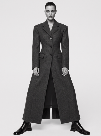 Women's Long Wool Blend Overcoat with Notch Lapels and Single-Breasted Button Front - Charcoal