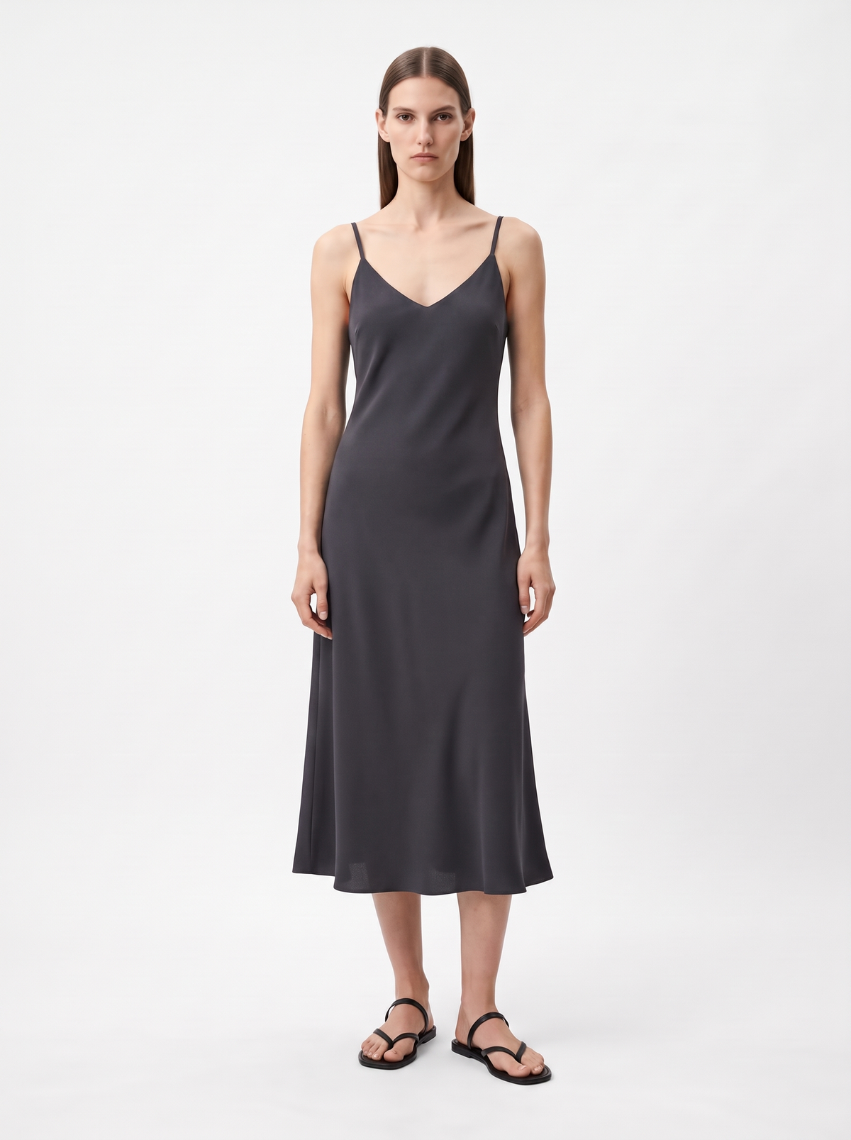 Women's Midi Slip Dress in Fluid Crepe with Adjustable Straps and Bias-Cut Skirt - Graphite