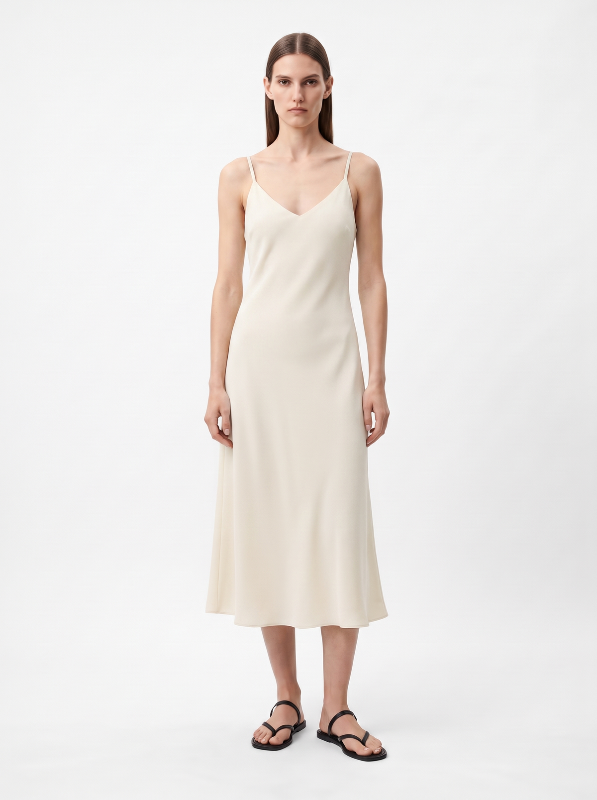 Women's Midi Slip Dress in Fluid Crepe with Adjustable Straps and Bias-Cut Skirt - Ivory