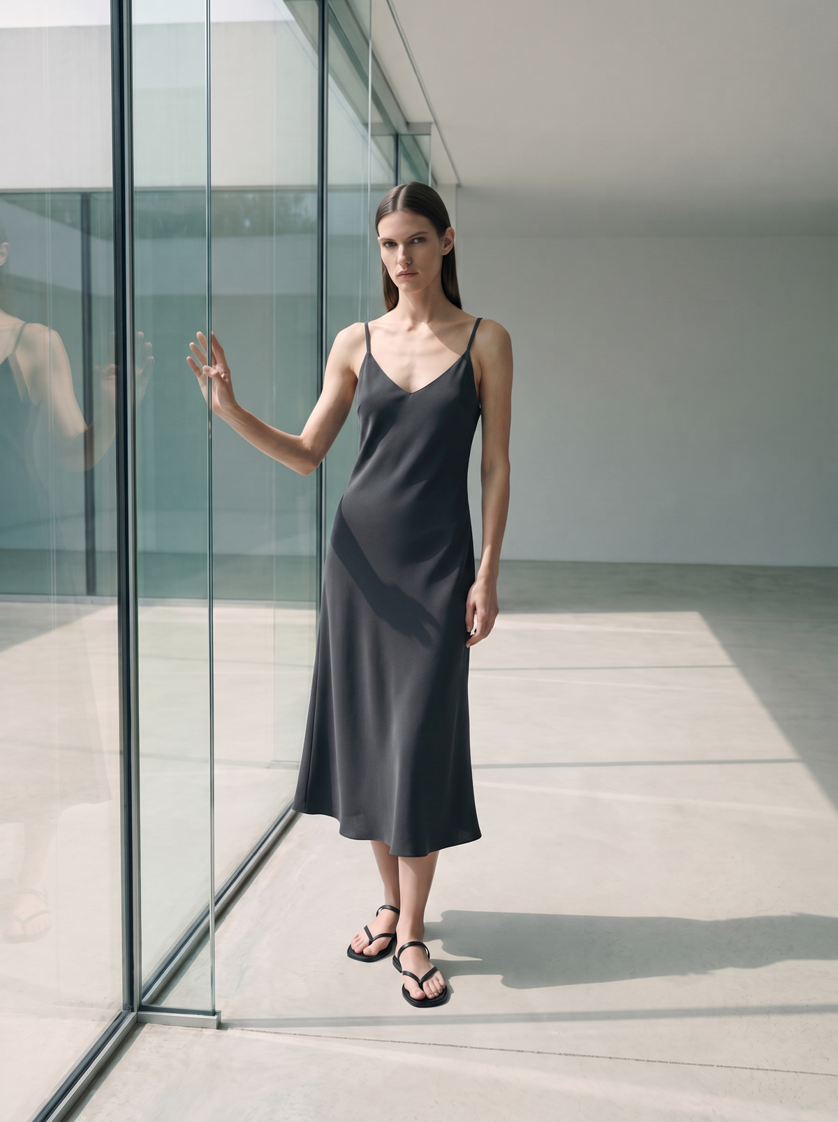 Women's Midi Slip Dress in Fluid Crepe with Adjustable Straps and Bias-Cut Skirt - Graphite 2