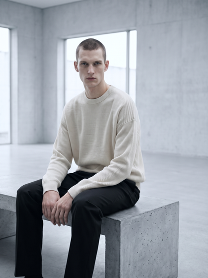 Ribbed Crewneck Sweater in Merino Wool Blend with Relaxed Fit for Men and Women - Ecru 2