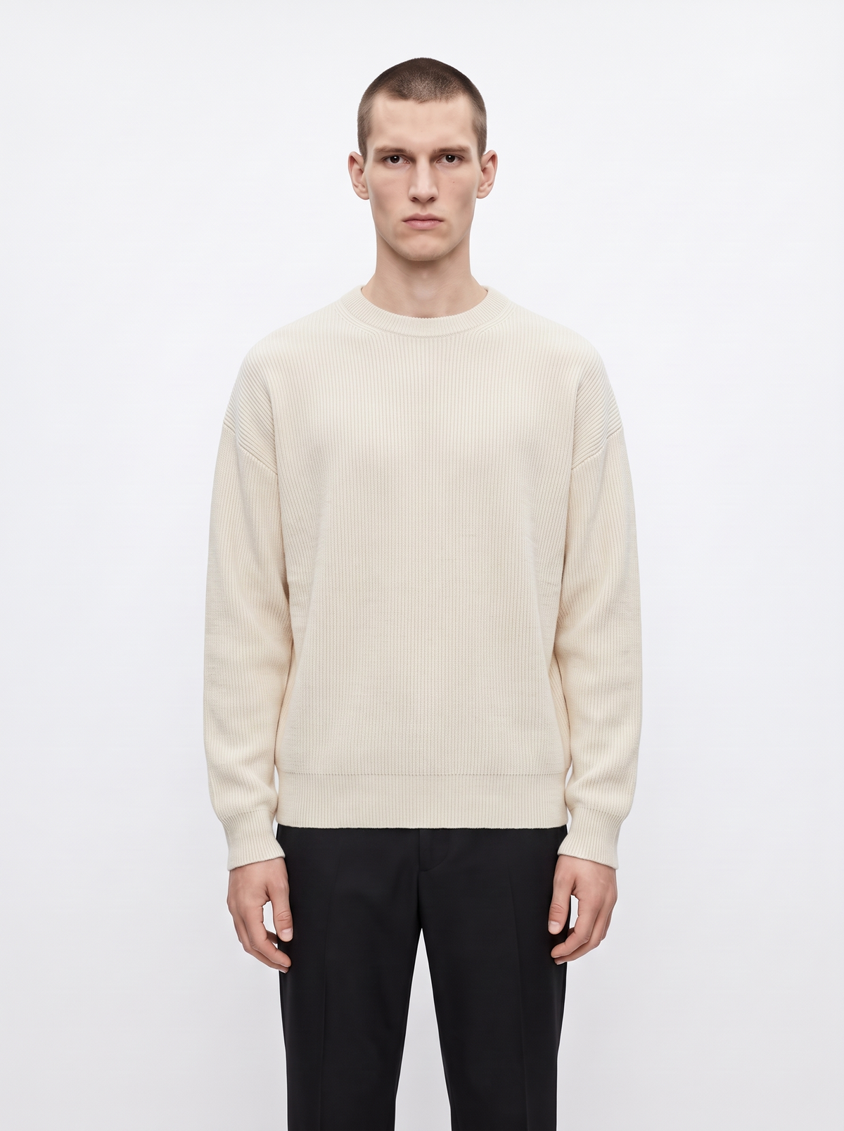 Ribbed Crewneck Sweater in Merino Wool Blend with Relaxed Fit for Men and Women - Ecru