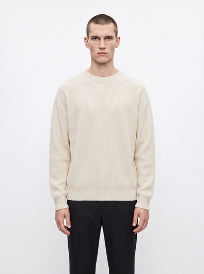 Ribbed Crewneck Sweater in Merino Wool Blend with Relaxed Fit for Men and Women - Ecru