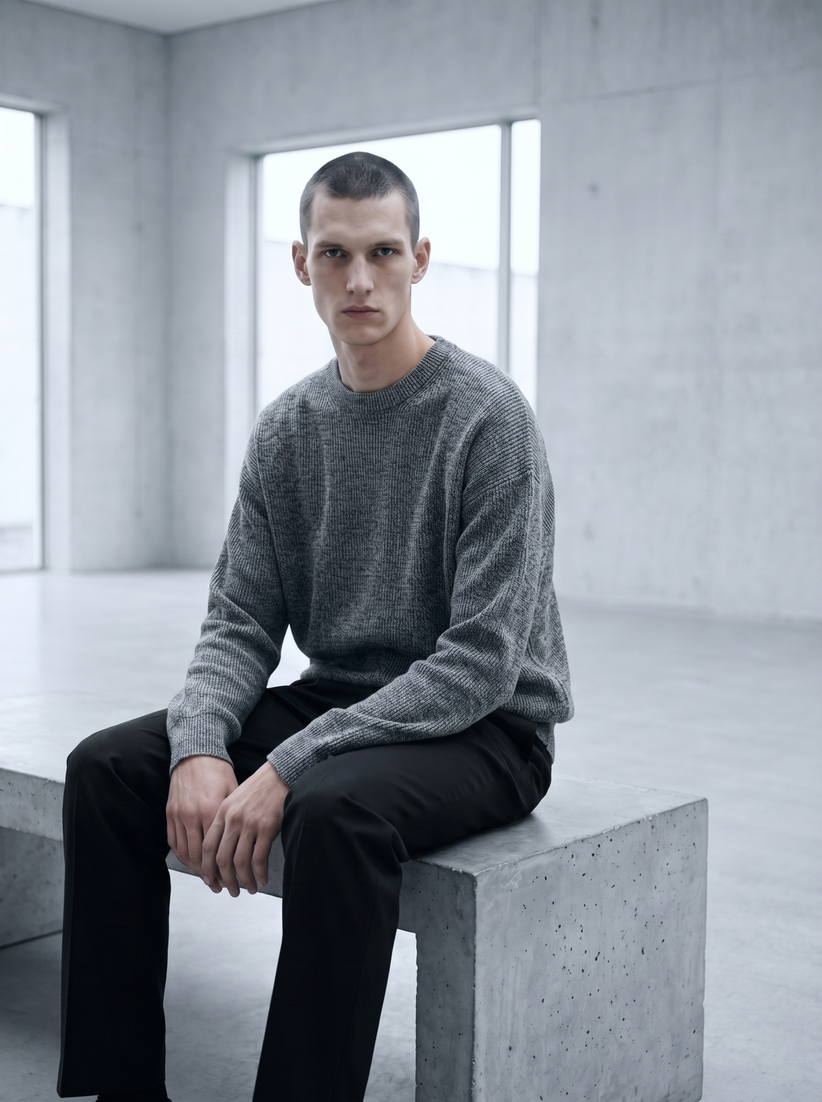 Ribbed Crewneck Sweater in Merino Wool Blend with Relaxed Fit for Men and Women - Grey Melange 2
