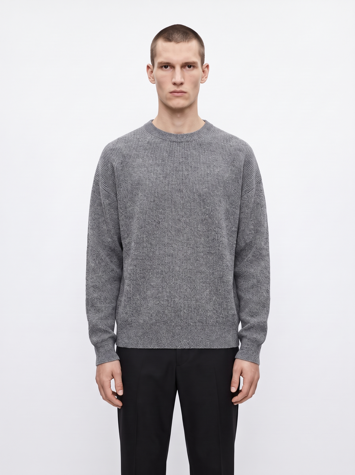 Ribbed Crewneck Sweater in Merino Wool Blend with Relaxed Fit for Men and Women - Grey Melange